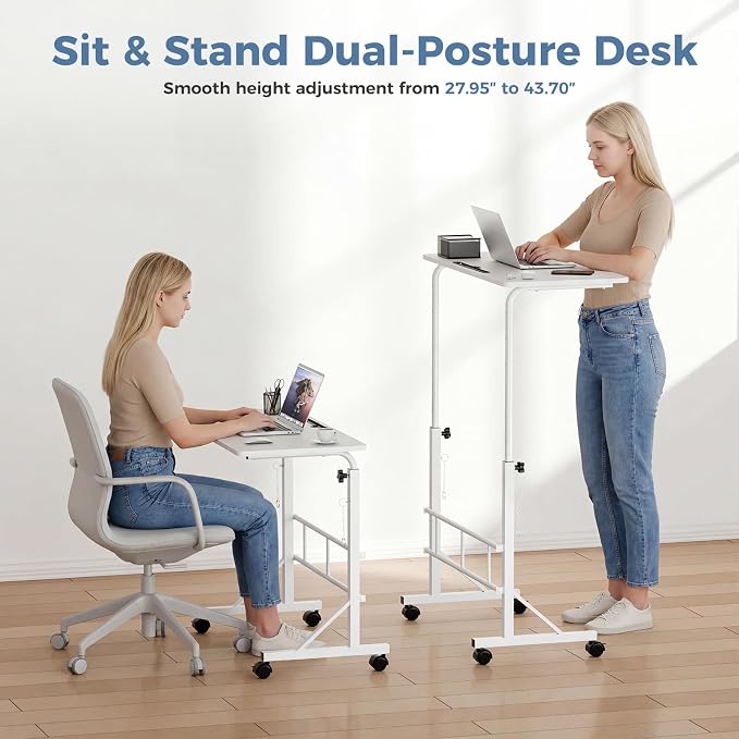 DUMOS 31.5" Walking Pad Desk, Laptop Desk, Home Office | Lockable Wheels, Adjustable Height, Portable Rolling Design, Treadmill Use, Stand Up Style, White