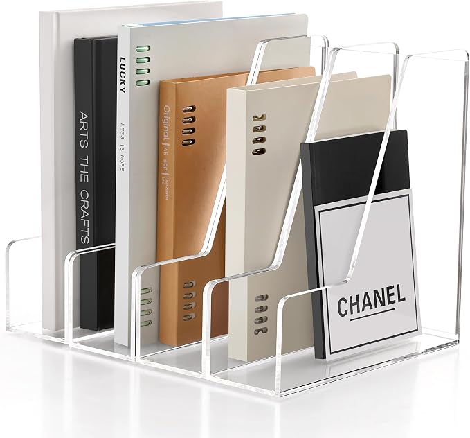 YUXUN 4-Pack Vertical File Holder for Desk, Acrylic Magazine Holder,Clear | Clear Binder Organizer Document Rack with Non-Slip Pads, Desktop Storage for Office, Home & School Lockers
