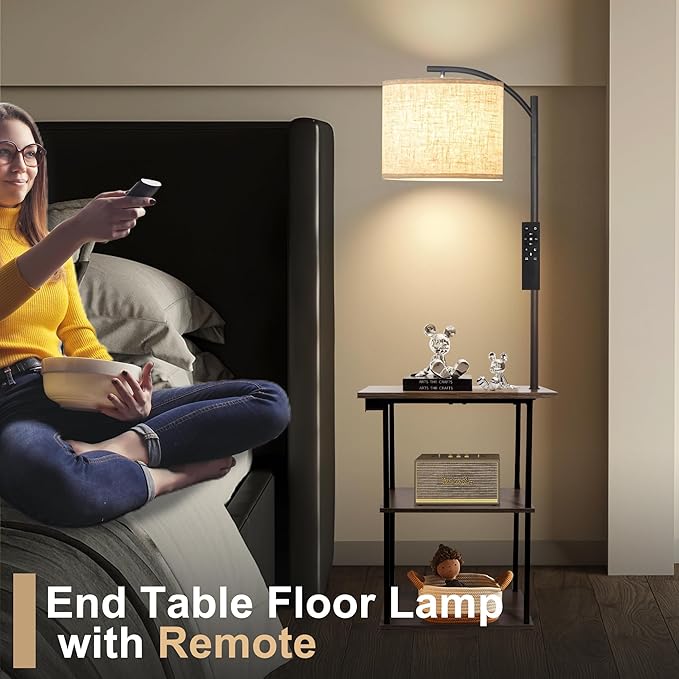 PESRAE Floor Lamp with Remote, Adjustable 3000K-6000K Colors & Brightness Bulb, End Table with Charging Station(USB & Type-C & AC Port), Modern Shelves Side Table for Bedroom, Living Room, Office