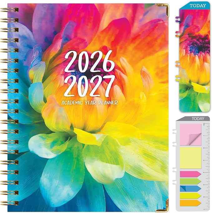 HARDCOVER Academic Year 2026-2027 Planner: 14 Months (May 2026 Through June 2027) 8.5"x 11" Daily Weekly Monthly Planner Yearly Agenda. Bookmark, Pocket Folder and Sticky Note Set (Rainbow Petals)