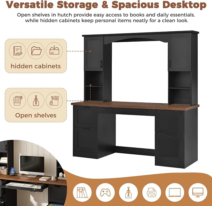 Merax Farmhouse Arched 67" Computer Desk with Power Outlets & Keyboard Tray, Wood Executive Home Office Desk with Hutch, Writing Desk with Storage Drawers for Working Study, Black