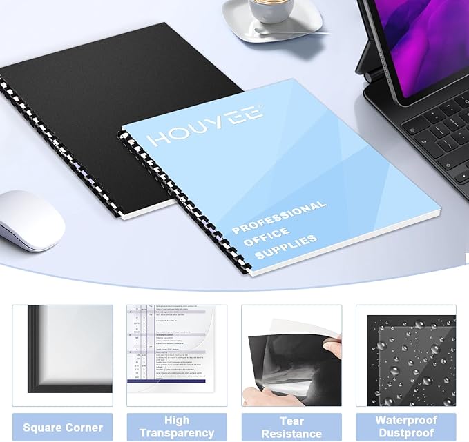 HOUYEE 120Pack Binding Covers and Backs Set, 8.5x11" 10Mil PVC & 12Mil Poly | 60 Pcs 10Mil Clear Binding Covers, 60 Pcs 12Mil Black Plastic Sand Texture Polycovers, Letter Size, For Office School