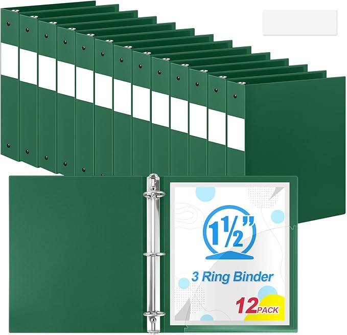 Henoyso 12 Pcs 1.5 Inch 3 Ring Binders, Letter Size,Dark Green | Binders Bulk, Holds 350 Sheets, Round Rings, Durable Flexible PP Plastic Covers, Pockets Labels, School Office Supplies