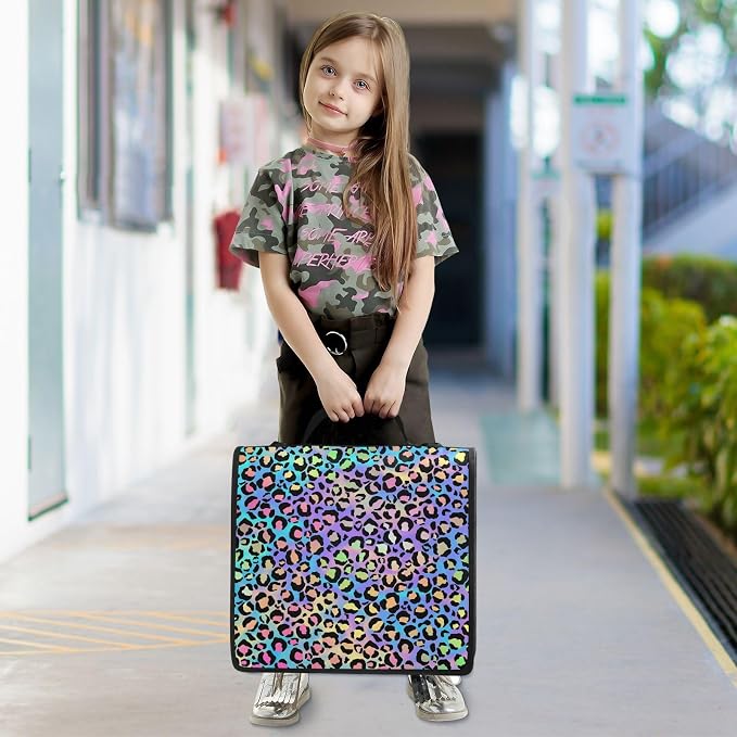 Neon Leopard Pattern 3 Ring Zipper Binder with Shoulder Strap & Handle 2 Inch D-Ring Zippered Binder Bag with Multiple Pocket & Pencil Pouch, Binder Organizer for School or Office