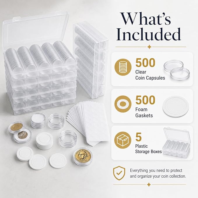 APACALI 500 PCS Coin Capsules Holders for Collectors, 30mm Clear Plastic Coin Holders with Foam Gaskets, 5 Storage Organizer Boxes, Coin Collection Supplies for 17/20/25/27/30mm Coins