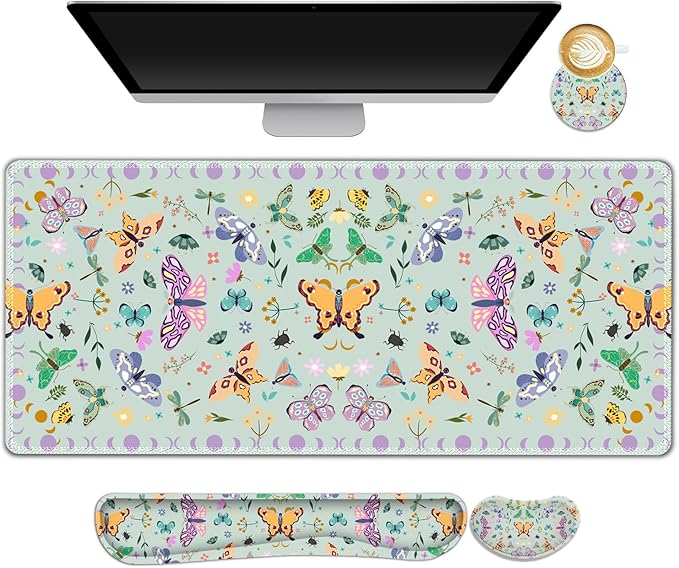 Desk Mat Set, Aquamarine Extended Gaming Mouse Pad with Wrist Rest Support +Keyboard Wrist Rest +Coaster, Large Cute Butterfly Mousepad for Office, Home