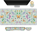 Desk Mat Set, Aquamarine Extended Gaming Mouse Pad with Wrist Rest Support +Keyboard Wrist Rest +Coaster, Large Cute Butterfly Mousepad for Office, Home