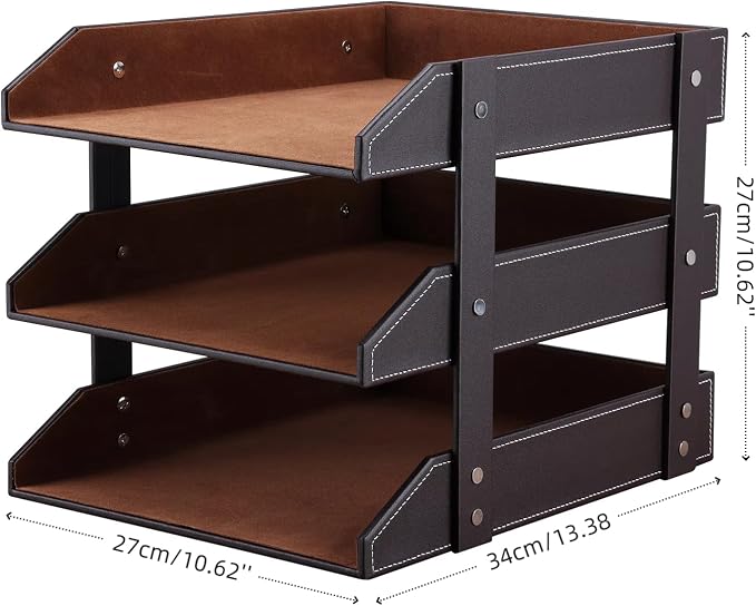 Letter Tray, Leather Paper Organizer Tray, Wooden Desk File Holder, Desktop File, Stackable Magazine Holder, Mail Sorter, Great for Home or Office - 3 Level Brown