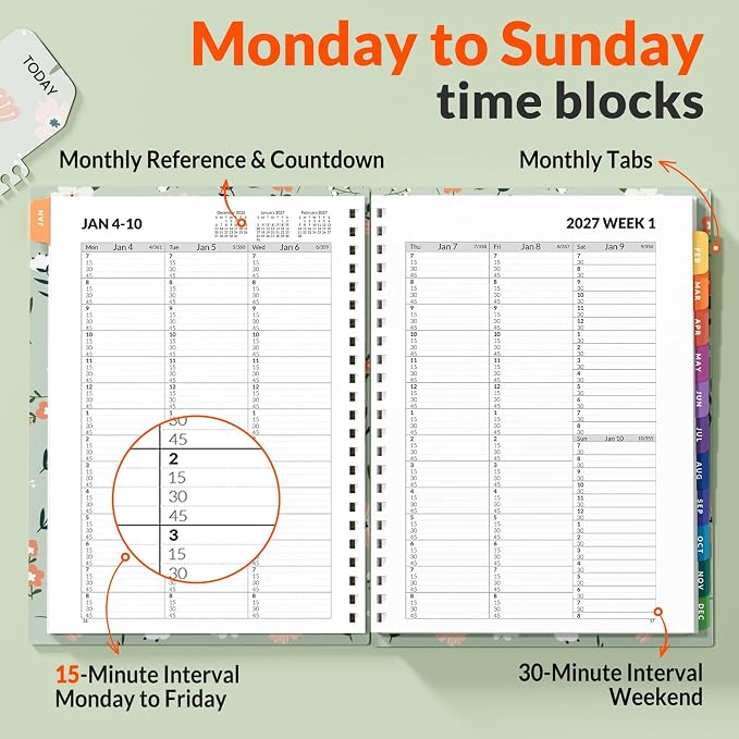 SUNEE 2027 Appointment Book, Quarter-Hourly, Weekly Monthly Planner, 6" x 8.3",Green Wildflower
