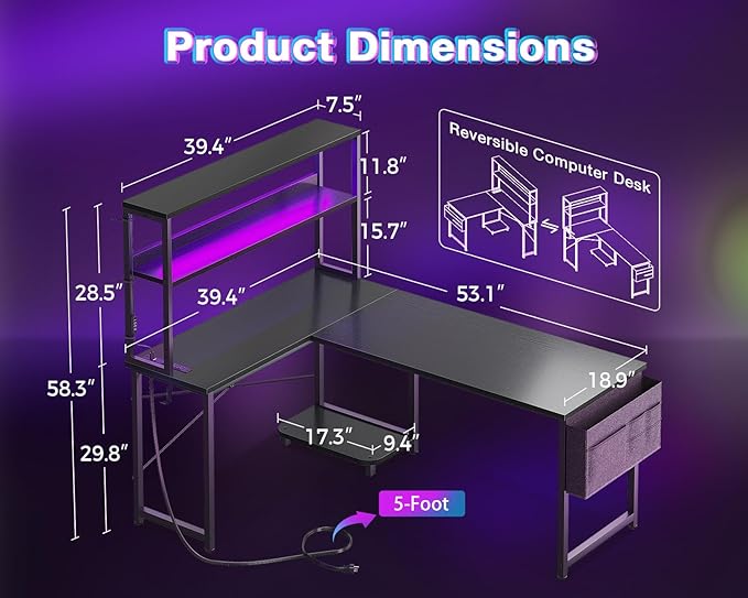 AODK L Shaped Desk Gaming Desk with LED Light & Power Outlet | 53 Inch Black Reversible L Shaped Computer Table with Shelf & Storage Bag & Hook for Home Office