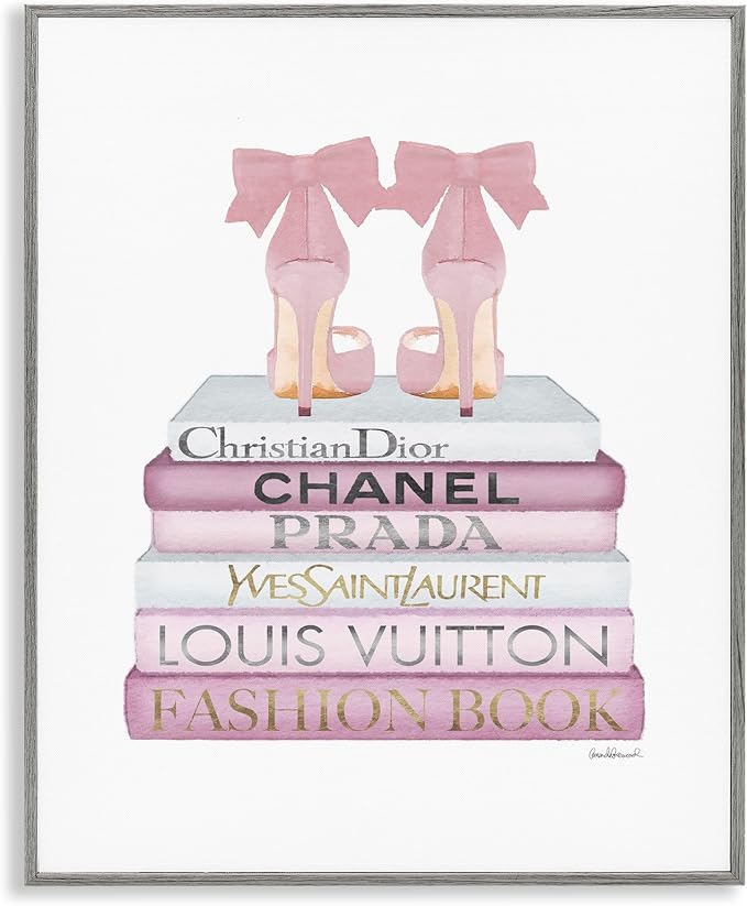 Stupell Industries 'Pastel Pink Heels & Books', Framed Giclee Art, Gray, 11 x 14 Inches, Easy to Hang and Sturdy, Made in USA, by Amanda Greenwood