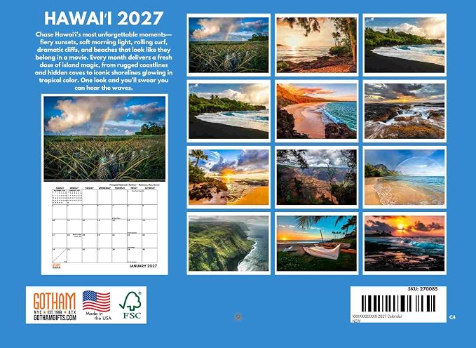 Hawaii Calendar 2027 Hawaiian Tropical Beach Maui Kauai Monthly Wall Calender 12 Month | American Made In The USA