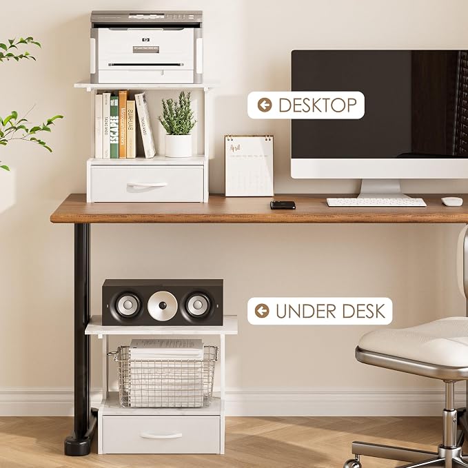 Masupu Printer Stand for Desk, Printer Table with Fabric Storage Drawer, 2 Tier Desktop Shelf, Multi-Purpose Desk Organizer for Home Office, 3D Printer, Fax Machine, Scanner, Marble White
