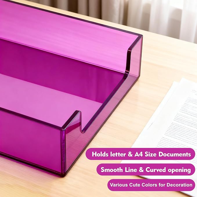 Paper Tray Acrylic File Organizer for Desk Letter Tray Desk Organizer Document Holder Sorter Storage for A4 Office Supplies Magazines, 13.8x10.6x2.4 Inches, Bright Purple