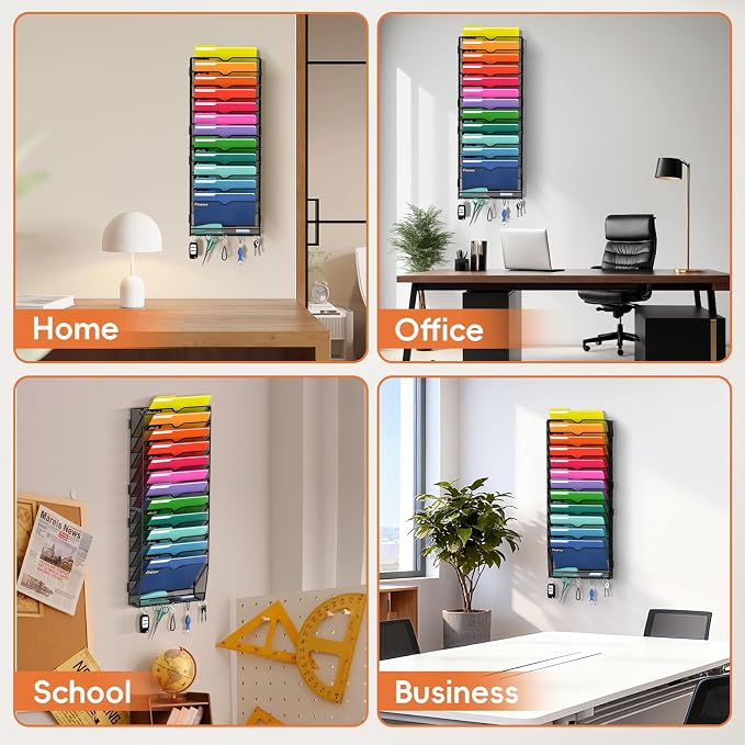 13-Tier Wall File Organizer with Hook, Hanging File Organizer Black | Wall-mounted mail storage holds papers, folders, files, clipboards and magazines, assembly required for office or home use.