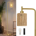 66" Gold Floor Lamp for Living Room, Boho Floor Lamp with Remote Control and LED Bulb, Rattan Shade, Industrial Tall Farmhouse Standing Lamp for Bedroom, Dining Room, Study Room, Office