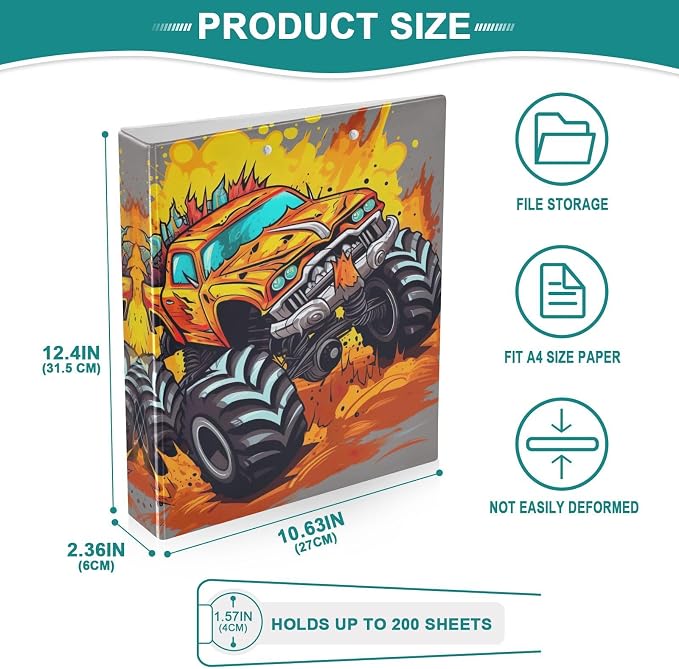 SPRIPORT Monster Fire Truck 1.5 Inch 3 Ring Binder Holds 200 Sheets for Office Supplies Durable PVC Round Ring Binder with Interior Clear Pockets Binder Notebook for Man Woman Home Work