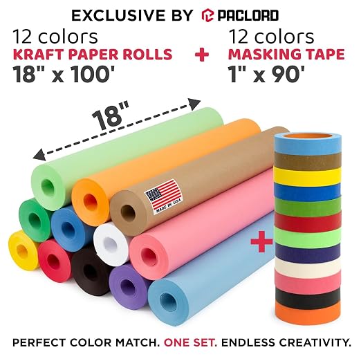 12 Rolls of Colored Kraft Paper and 12 Rolls of Colored Masking Tape | 1" Wide Tape, 18" x 100' Kraft Paper Rolls - Bulk Kids Craft Supplies - For Arts, Decoration, DIY, School