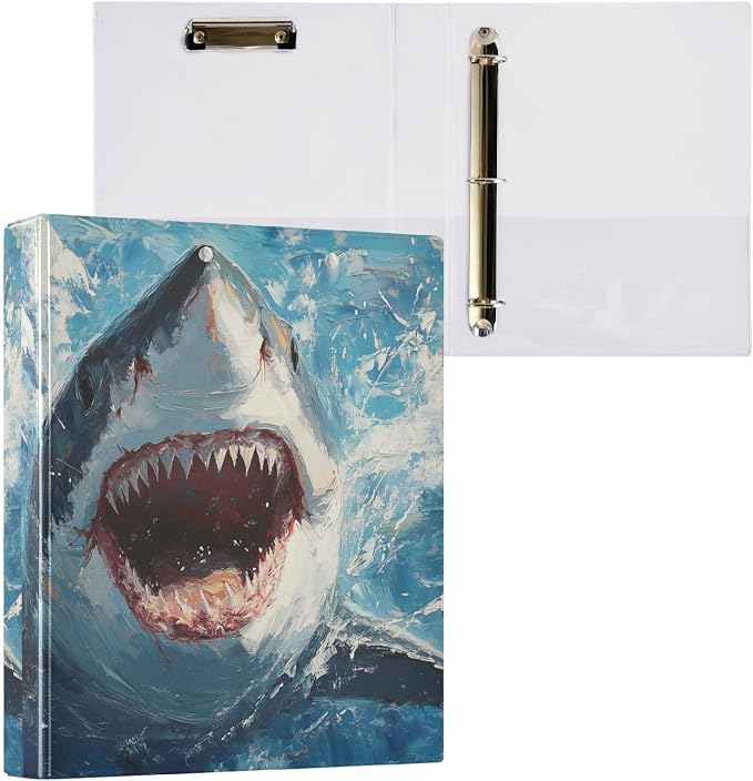 Caikeny 3 Ring Binder Oil Painting Sharks Fish Underwater Watercolor 1.5 Inch Binders Round Ring Clipboard with 2 Pockets for Office Supplies