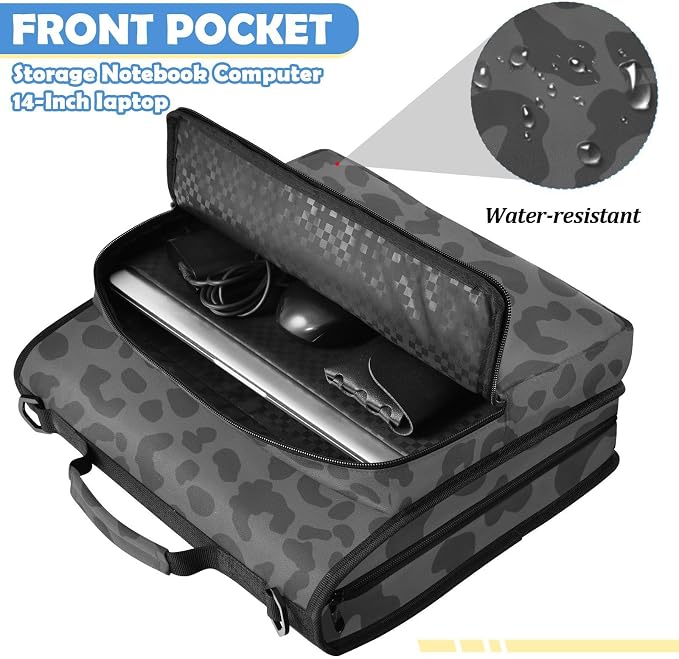 Leopard Black Zipper Binder File Organizer Bag 3 D-Ring | with Shoulder Strap, Holds 500 Sheets & 14in Laptop, 3 Ring Binder for Office Supplies