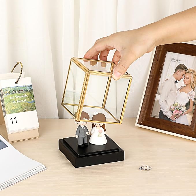 Hipiwe Clear Glass Display Box Case for Collectibles with Black Wood Base | Vintage Gold Display Case for Plants Action Figurine Models Keepsake Boxes, Square, 3.3x3.3x3.6 Inch