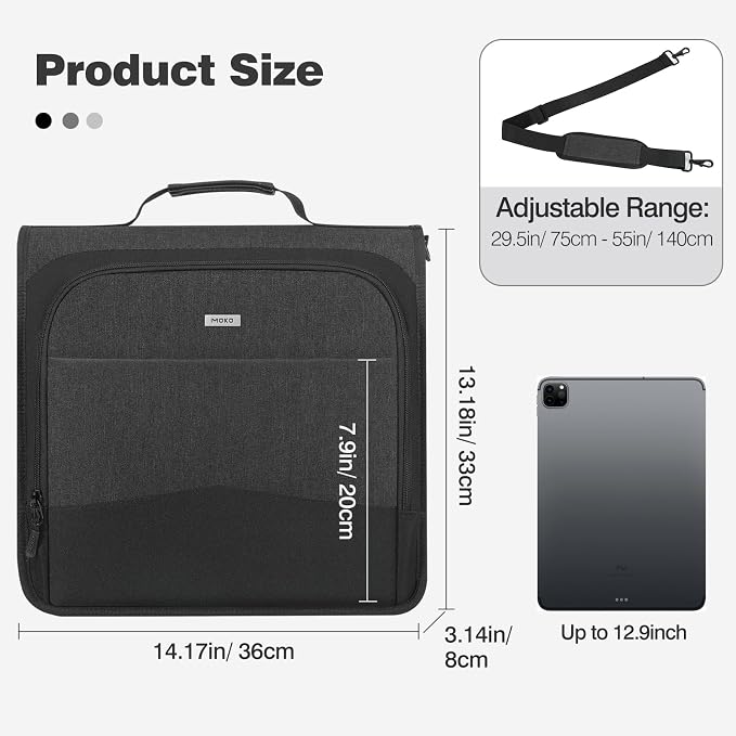 MoKo Zipper Binder, 3-Inch 3-Ring, 600 Sheets, 6-Tab File Folders, Black | Waterproof 900D polyester with six dividers, multiple pockets, a handle and adjustable shoulder strap.