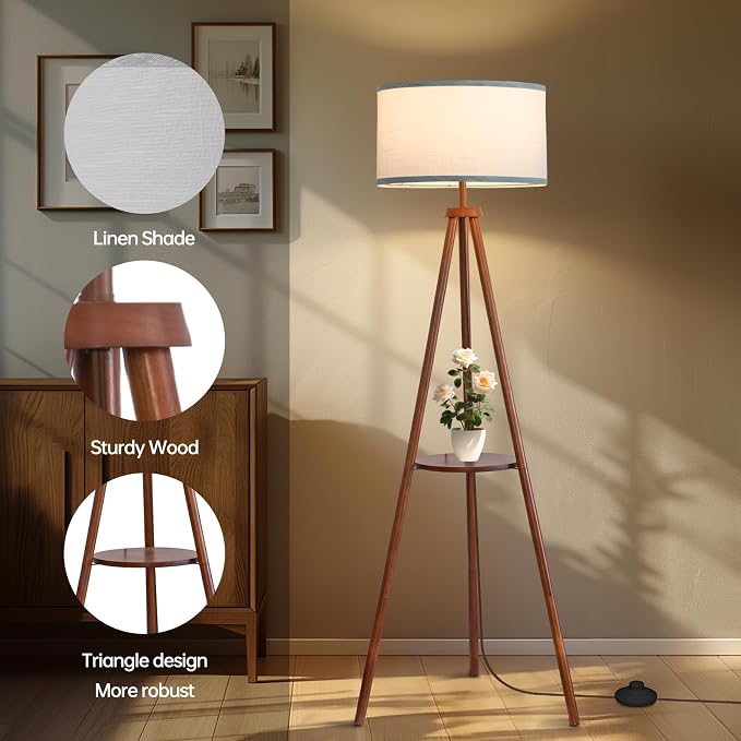 EOEYYOYB Floor Lamps for Living Room, Modern Standing Lamp with Shelf, 3 Color Temperature Led Bulb Tall Lamps with Foot Switch for Bedroom and Office, Walnut