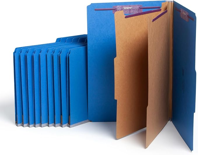 Smead Pressboard Legal Size File Folders with SafeSHIELD Fasteners, 2 Dividers, 2" Expansion, Office Folders, Paper Holder, Dark Blue, 10 per Box (19035)