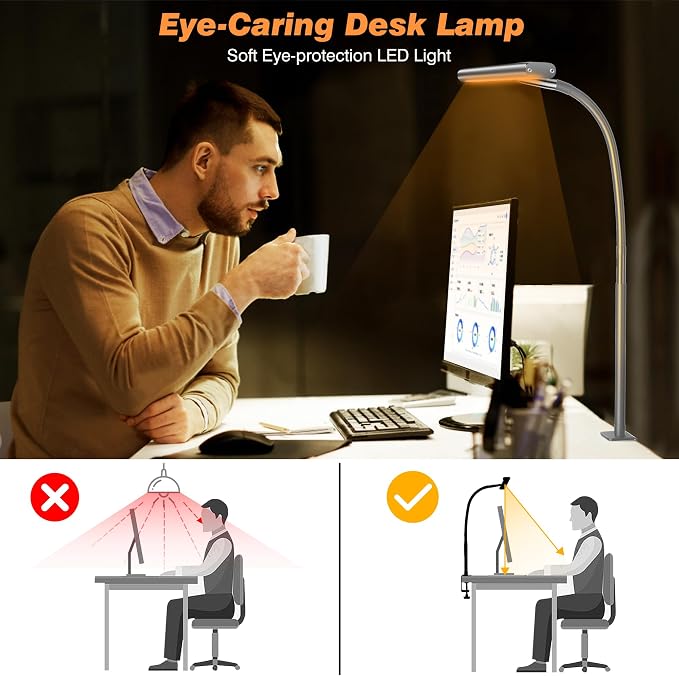 Airlonv LED Desk Lamp with Clamp, 17" Stepless Dimming Light, Grey | 2700K-6500K, 100 LEDs, 360° Gooseneck, Fits Up to 30" Monitors, Flicker-Free Lighting for Home Office, Study& Workbench