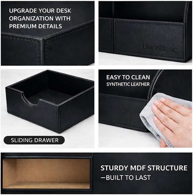 UnionBasic Desk Organizer - Multifunctional Leather Desktop Pen Holder Storage Box - Business Card/Pen/Pencil/Mobile Phone/Stationery Holder, Black