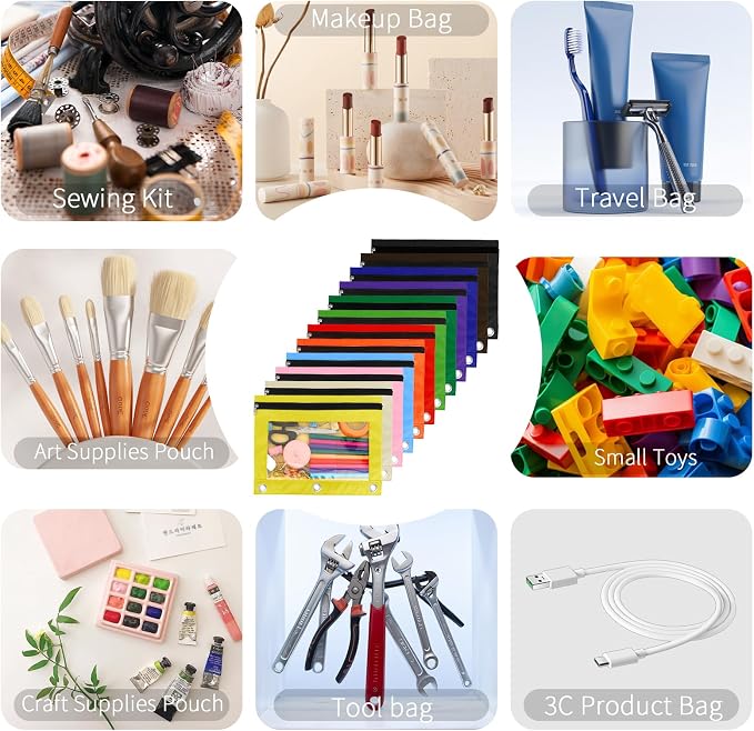 Pencil Pouch for 3 Ring Binder, 12 Pack Pencil Bags with Zipper, Large Capacity Pencil Case for Binder Assorted Color Pencil Case Pouch with Clear Window and Grommets Pencil Pocket for Office Supplies