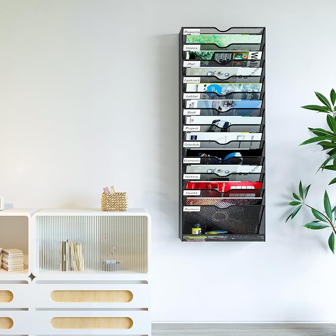 Hanging Wall File Organizer,13-Tier Desk File Mail Holder, Paper Bill Organization For Office Home School, Black