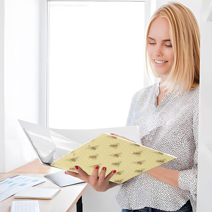 Bee Honeycomb1.5 Inch Binders 3 Ring with Clipboard&2 Pockets Large Heavy Duty Binders Decorative D-Ring Binder Flexible Hardcover Binders, Holds 200 Sheets-2 Pack