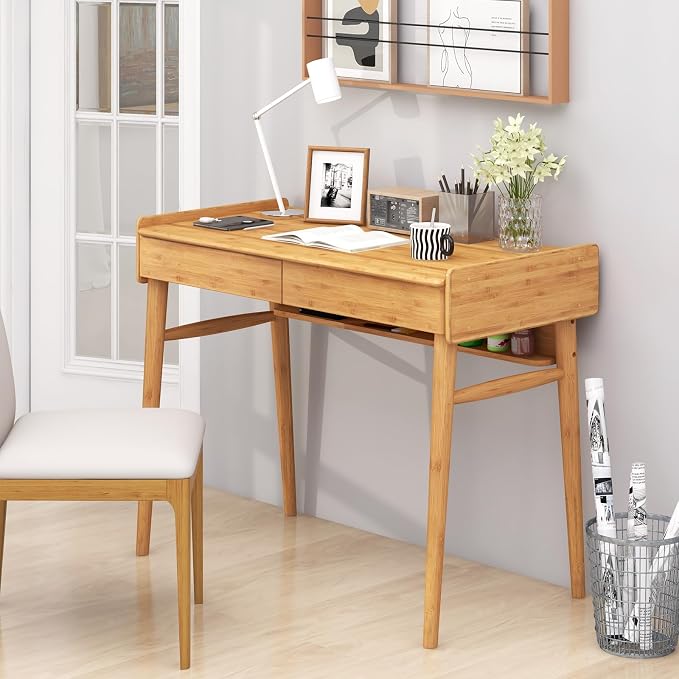 GIANTEX Computer Desk, 39.5" Bamboo Home Office Desk with 2 Storage Drawers and Open Shelf, Makeup Table Vanity Desk, Modern Writing Desk Computer Workstation for Bedroom, Study, Natural