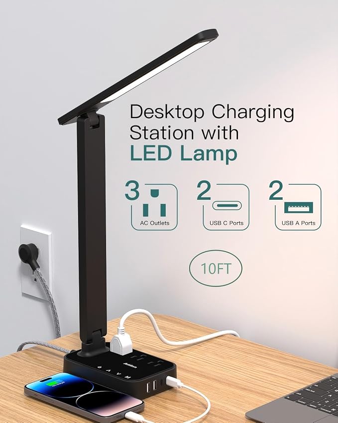 Addtam LED Desk Lamp, Power Strip with 3 Outlets 4 USB Charging Ports(2 USBC), 4 Modes 5 Level Brightness Touch Lamp, Small Desk Lamp for Home Office College Dorm Room Essentials, 10 FT