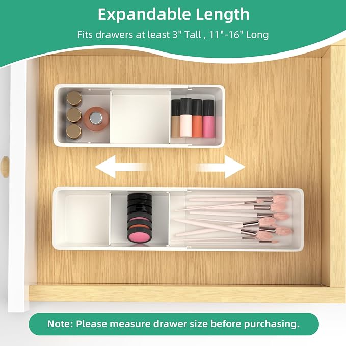 4 Pack Expandable Drawer Organizer, Desk Drawer Organizer Tray | 8 pcs Dividers Adjustable, 16 pcs Non-Slip Feet, Organizer Bins for Junk, Office, Makeup, Kitchen Utensil, Plastic, White