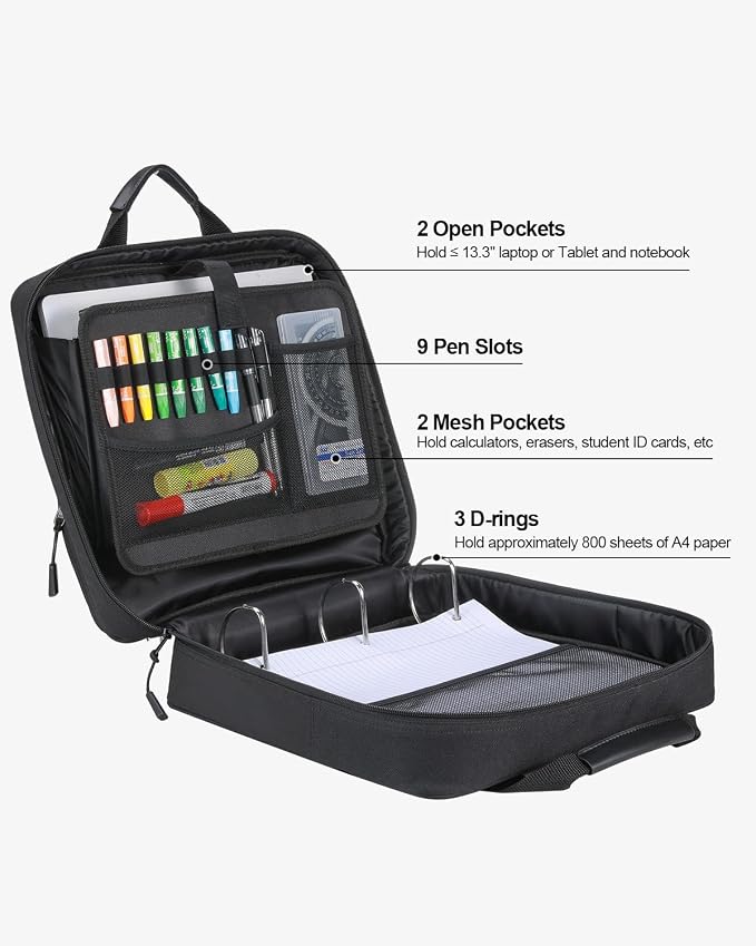4 Inch Zipper Binder 3 Ring with Shoulder Strap,Tough/Multi-Pocket | Binder Bag with Laptop organizer for School Travel,Fit 13" MacBook & Tablet,800 Sheets Capacity,Water Resistant,Black