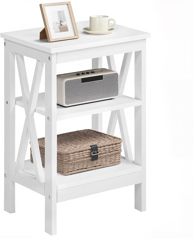 VECELO End Table, Bedside Table, 24" Tall Living Room End Tables, X-Design Reinforced Nightstands, Side Table with 3-Tier Storage Shelves for Small Spaces, Office, Bathroom, Bedroom, Pearl White