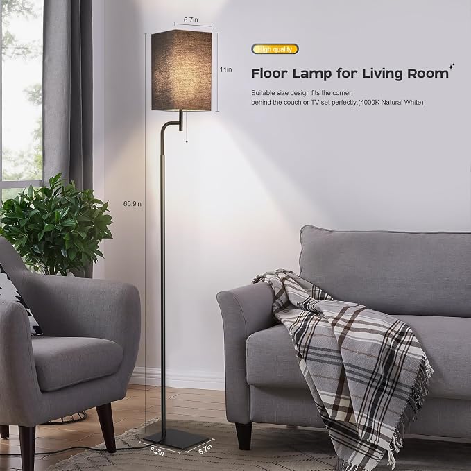 Modern Floor Lamp for Living Room, Black, 3 Color Temperatures, Linen Shade, Minimalist Design, Tall Lamp for Reading, Office, Bedroom | Solid Iron Flat Base, Fits Under Sofas, Compact Spaces, Living Room Bedroom Office