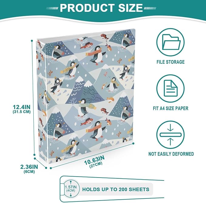 Skiing Penguins Winter 3 Ring Binder 1.5" Decorative D-Ring Binder with Clipboard&3 Clear Pockets, Holds 200 Sheets A4 Size Paper Waterproof Binders for School Home Office|2 Pack