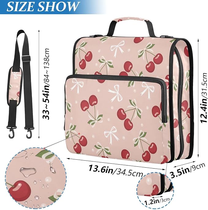 Cherries Bows Pink Pattern 3 Ring Zipper Binder with Shoulder Strap & Handle 1.5 Inch D-Ring Zippered Bag with Pencil Pouch, Expanding File Folder, Binder Organizer for School or Office