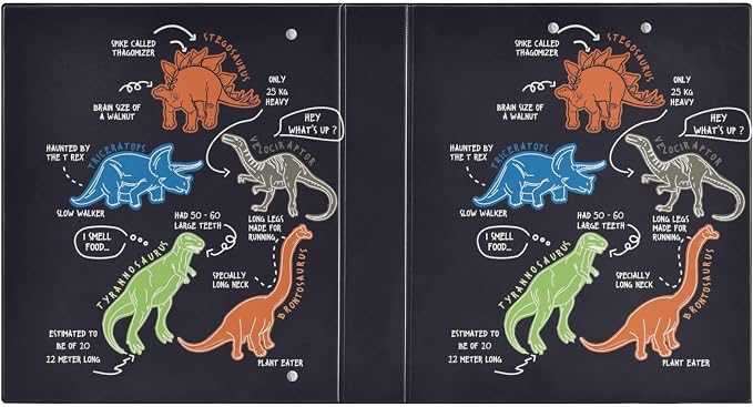 Dinosaur Cartoon Black Decorative 3 Ring Binder 1.5 Inch Large View Binders with Pockets File Organizer for Office College School, 2 Pack