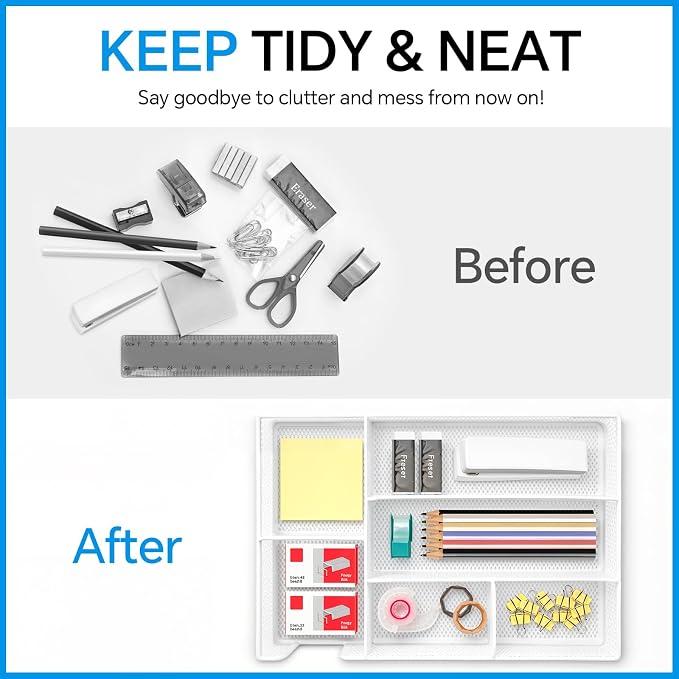 Desk Drawer Organizer, Office Drawer Divider Organizer Tray with 6 Compartments, Metal Mesh Desktop Organization and Accessories for Stationery Makeup Kitchen Toolroom School ＆ Office (Large-White)