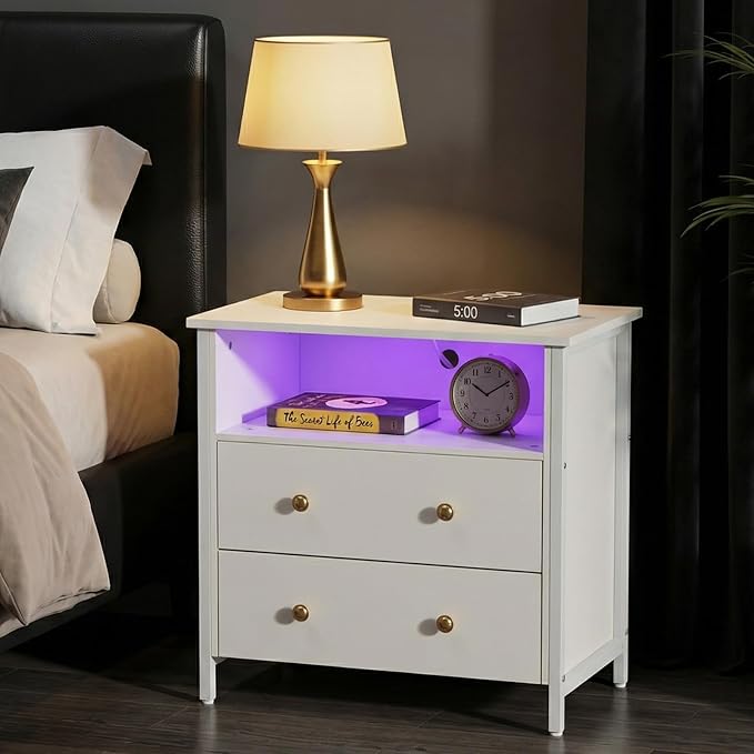 27" LED Nightstand Set 2 with Charging Station, 2 Drawers, White | RGB App Control, 2 AC Outlets & 2 USB Ports, Open Storage, Adjustable Feet, Wood Tall Nightstand for Bedroom or Office