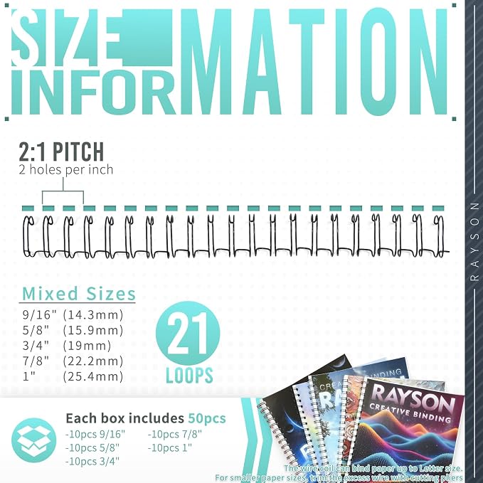 Rayson Wire Binding Spines, 2:1 Pitch, 21-Loop Black, Mixed Sizes, 50 Pack | Includes 9/16", 5/8", 3/4", 7/8" and 1" sizes; black 2:1 pitch wires for compatible wire binding machines.