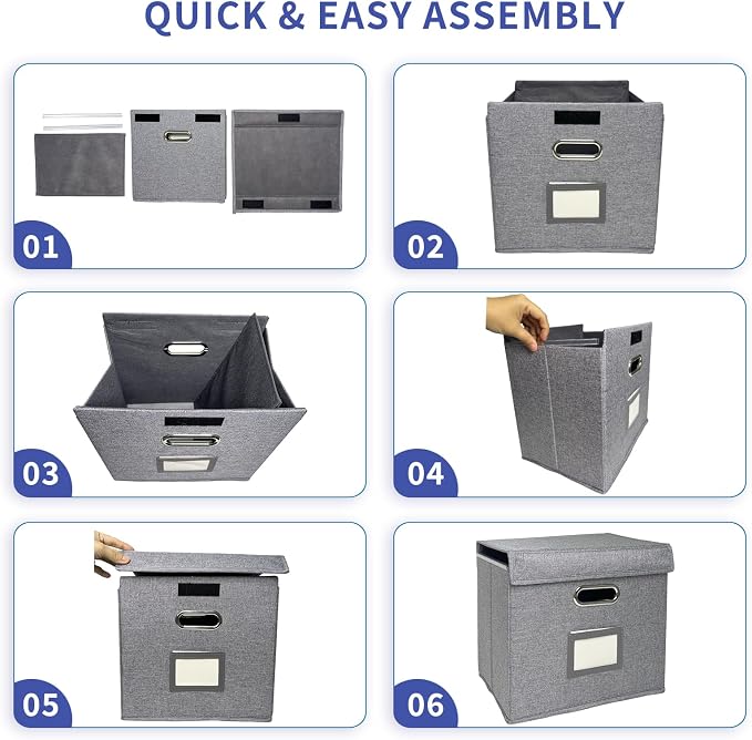 6 Pack Hanging File Folder Box with Lid, Durable Letter Size Filing Storage Box, Sturdy File Holder with Cardboard Support PVC Rails for Office Home Organizer, Gray