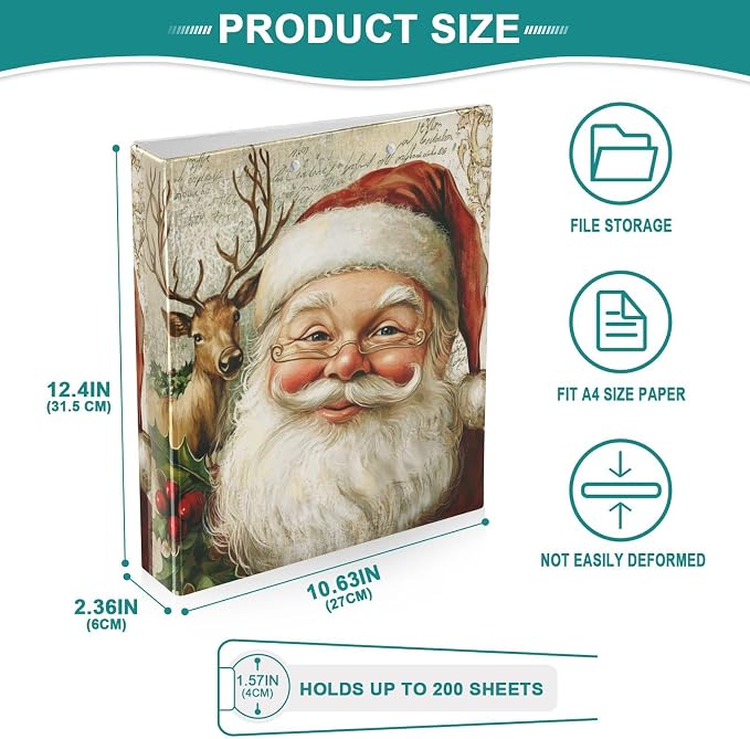 Vintage Santa Claus Reindeer Christmas 3 Ring Binder 1.5" Decorative D-Ring Binder with Clipboard&3 Clear Pockets, Holds 200 Sheets A4 Size Paper Waterproof Binders for School Home Office|2 Pack