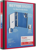 Staples Heavy-Duty 1-Inch D-Ring Binder, Red, Removable Spine Label | Durable polypropylene cover built for school and office document storage.