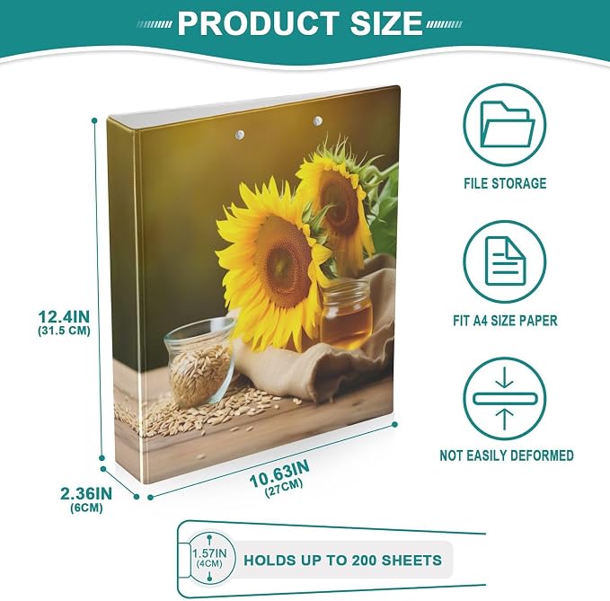 Joko Ivery Spring Sunflowers Honey 3 Ring Binder Letter Size 1.5 Inch Binders 3 Ring with Clipboard & 3 Pockets Three Ring Binder Organizer for Work Recipes Paper Office Supplies Gifts 1 Pack