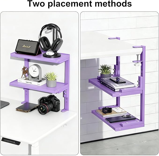 2-Tier Desk Shelf | Desk Organization Expandable Clamp on Desk Shelf Desktop Accessories for Offices and Game Rooms (Purple)